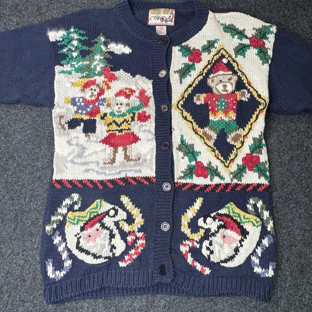 Vintage Crystal Kobe Christmas Cardigan M Grandmacore Teddy Bear Novelty